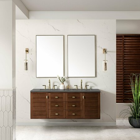 James Martin Vanities Amberly 60in Double Vanity, Mid-Century Walnut w/ 3 CM Grey Expo Top 670-V60D-WLT-3GEX